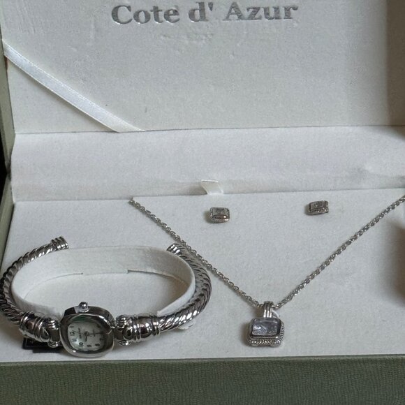 COTE D' AZUR Silver-Toned Jewelry Set Watch Necklace Earrings Clear Gemstones - Picture 15 of 16